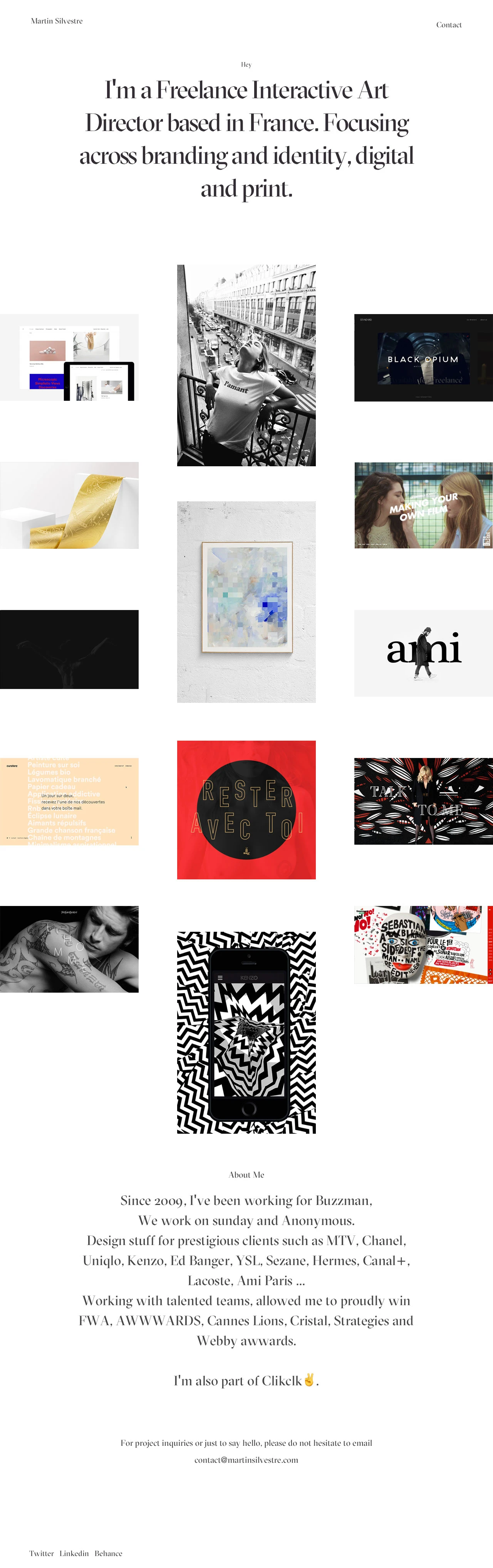 Martin Silvestre Landing Page Example: I'm a Freelance Interactive Art Director based in France. Focusing across branding and identity, digital and print.