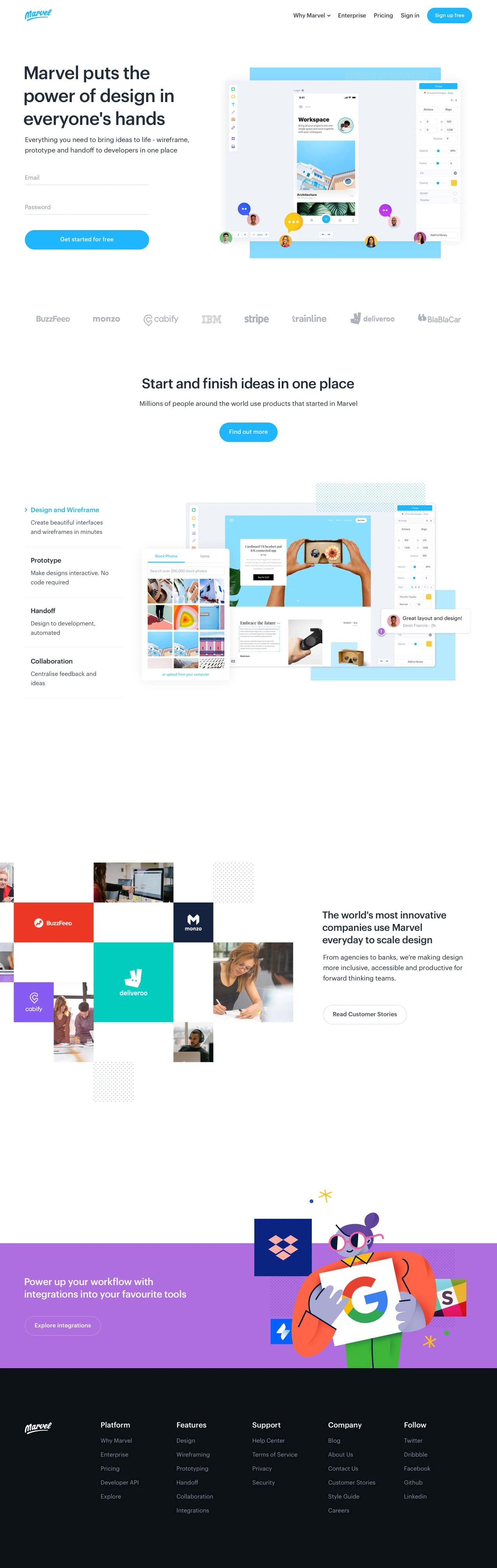 Marvel Landing Page Example: Everything you need to bring ideas to life - wireframe, prototype and handoff to developers in one place.