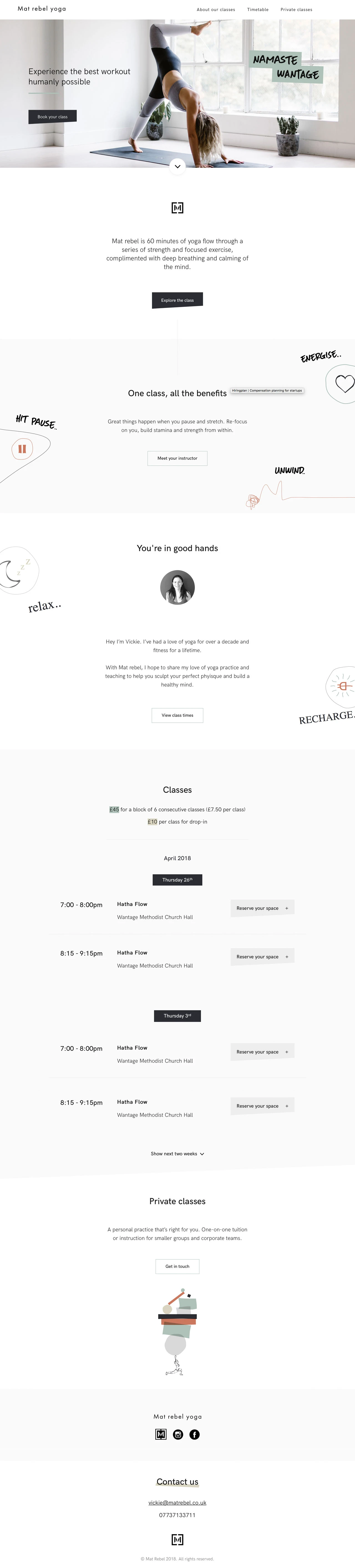 Mat Rebel Yoga Landing Page Example: Mat Rebel Yoga - yoga classes in Wantage, Oxfordshire. A series of strength and focused exercise, complimented with deep breathing and calming of the mind.