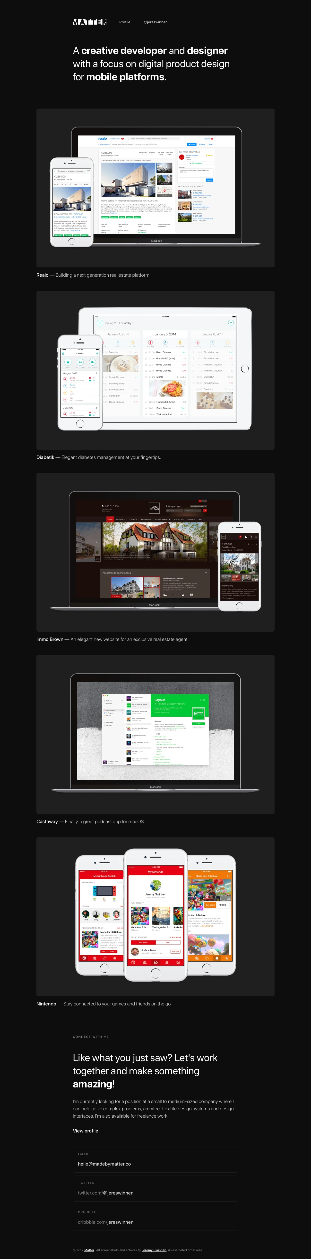 Matter Landing Page Example: A creative developer and designer with a focus on digital product design for mobile platforms.