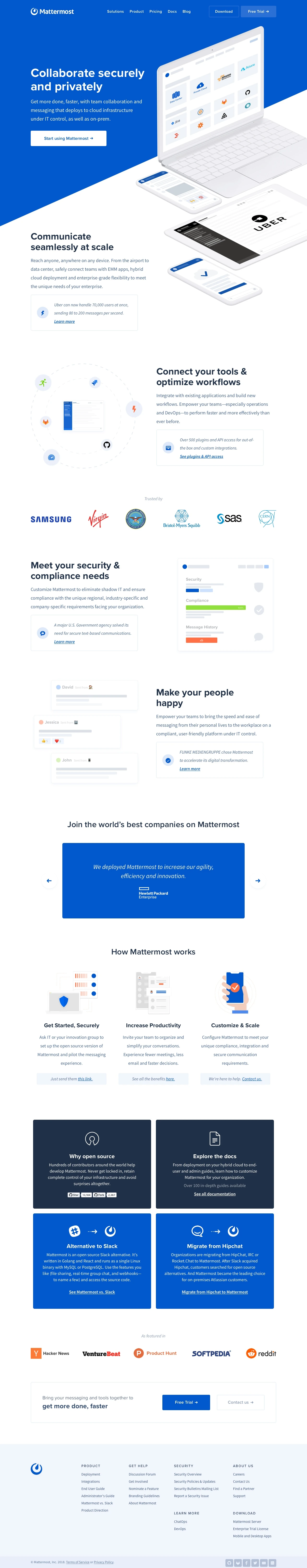 Mattermost Landing Page Example: Get more done, faster, with team collaboration and messaging that deploys to cloud infrastructure under IT control, as well as on-premise.