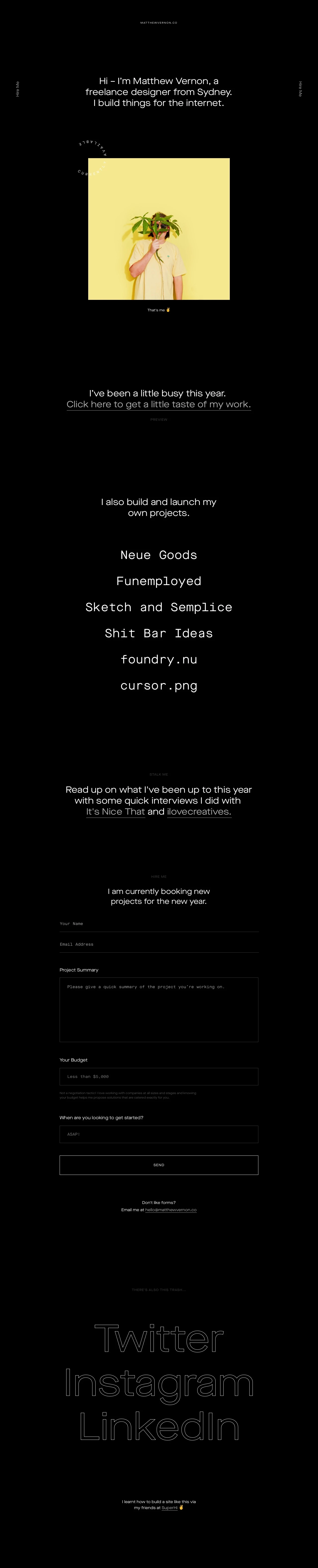Matthew Vernon Landing Page Example: A freelance designer from Sydney. \u2028I build things for the internet.