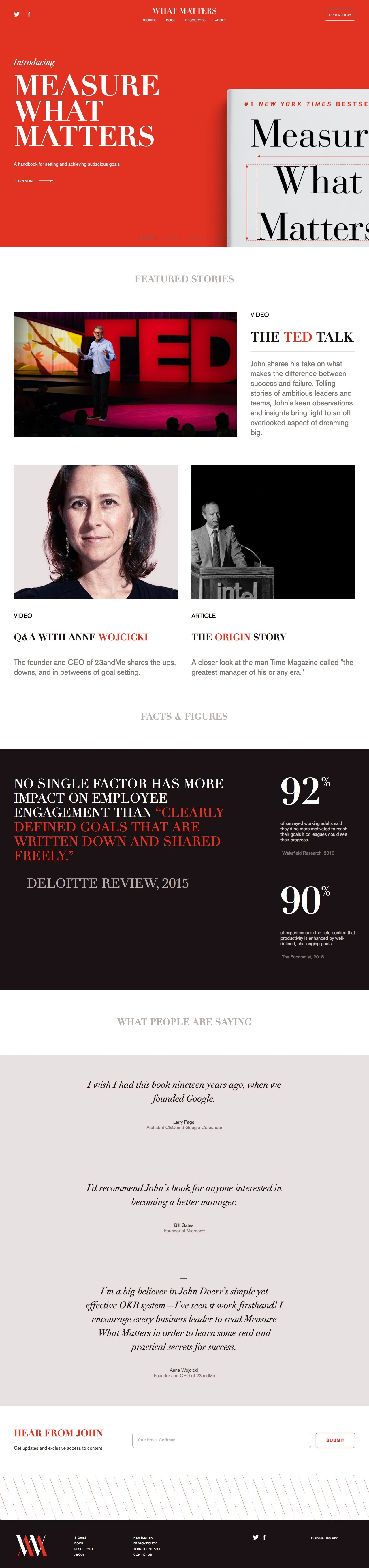 Measure What Matters Landing Page Example: How a simple goal setting technique called OKRs—objectives and key results—can propel you and your team to achieve the audacious.