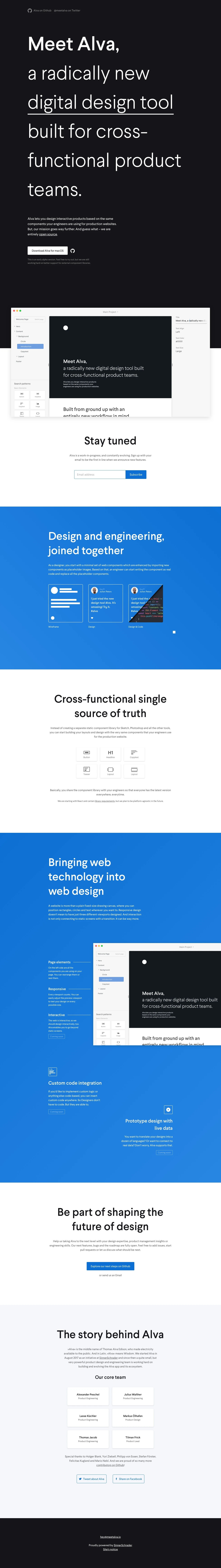 Meet Alva Landing Page Example: Alva is a radically new open source design tool built for cross-functional product teams. You can design with the same components your engineers are using for production.