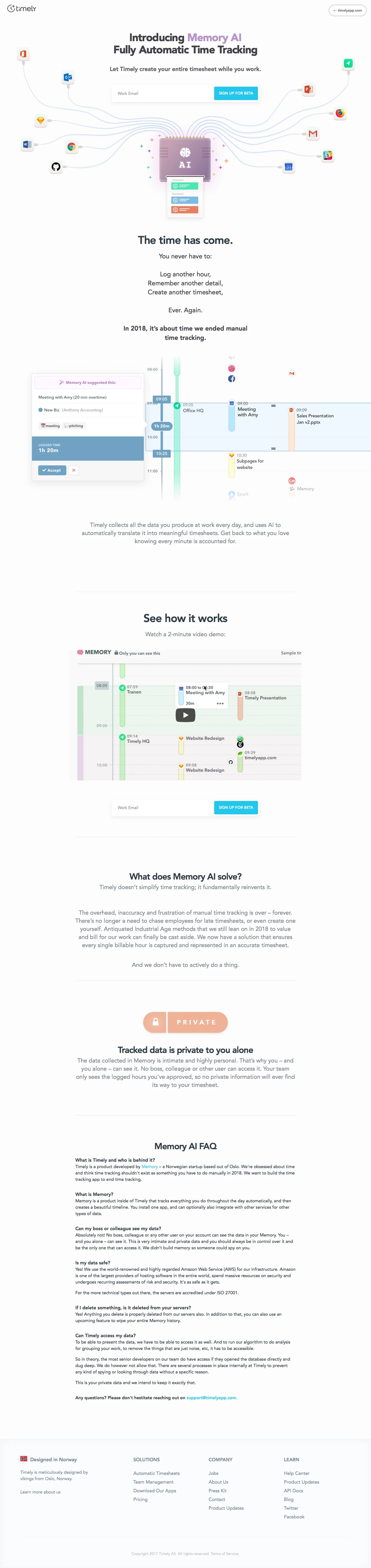 Memory AI Landing Page Example: Let Timely create your entire timesheet while you work.