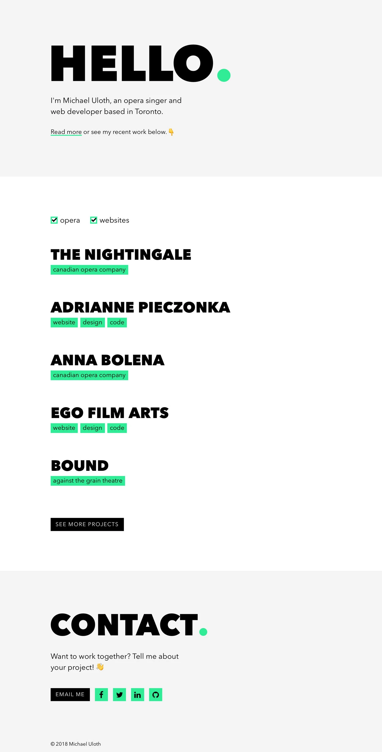 Michael Uloth Landing Page Example: I'm an opera singer and web developer based in Toronto. Check out my recent work and get in touch to collaborate on your next project.