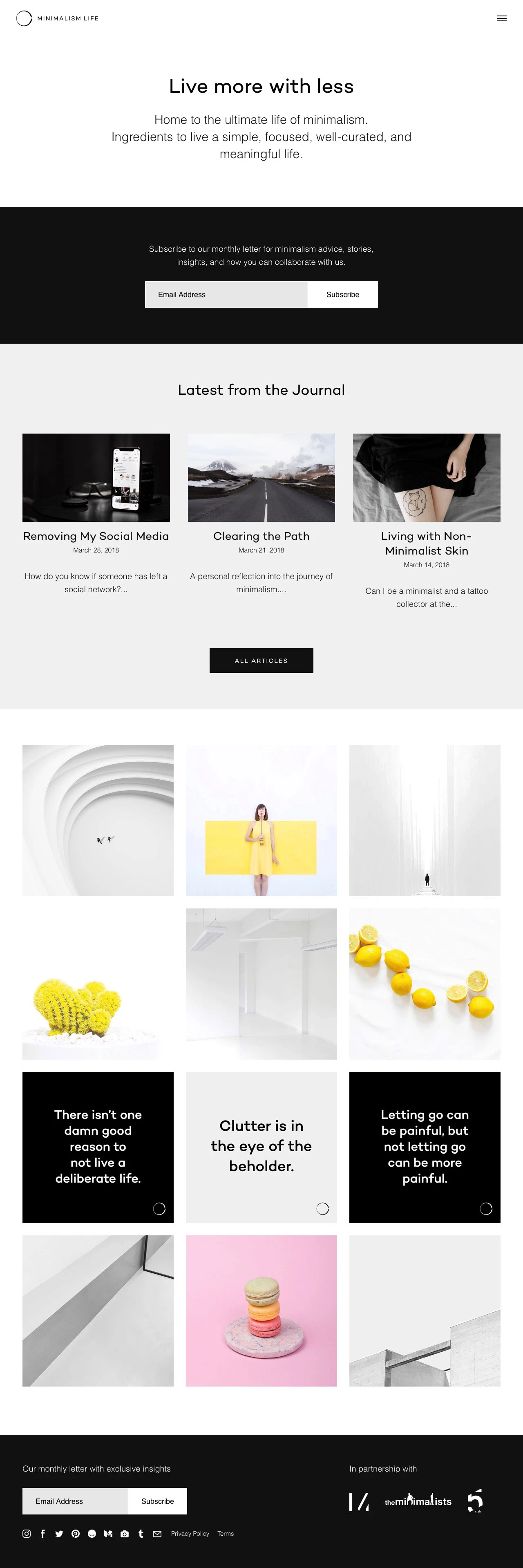Minimalism Life Landing Page Example: Home to the ultimate life of minimalism. Ingredients to live a simple, focused, well-curated, and meaningful life.