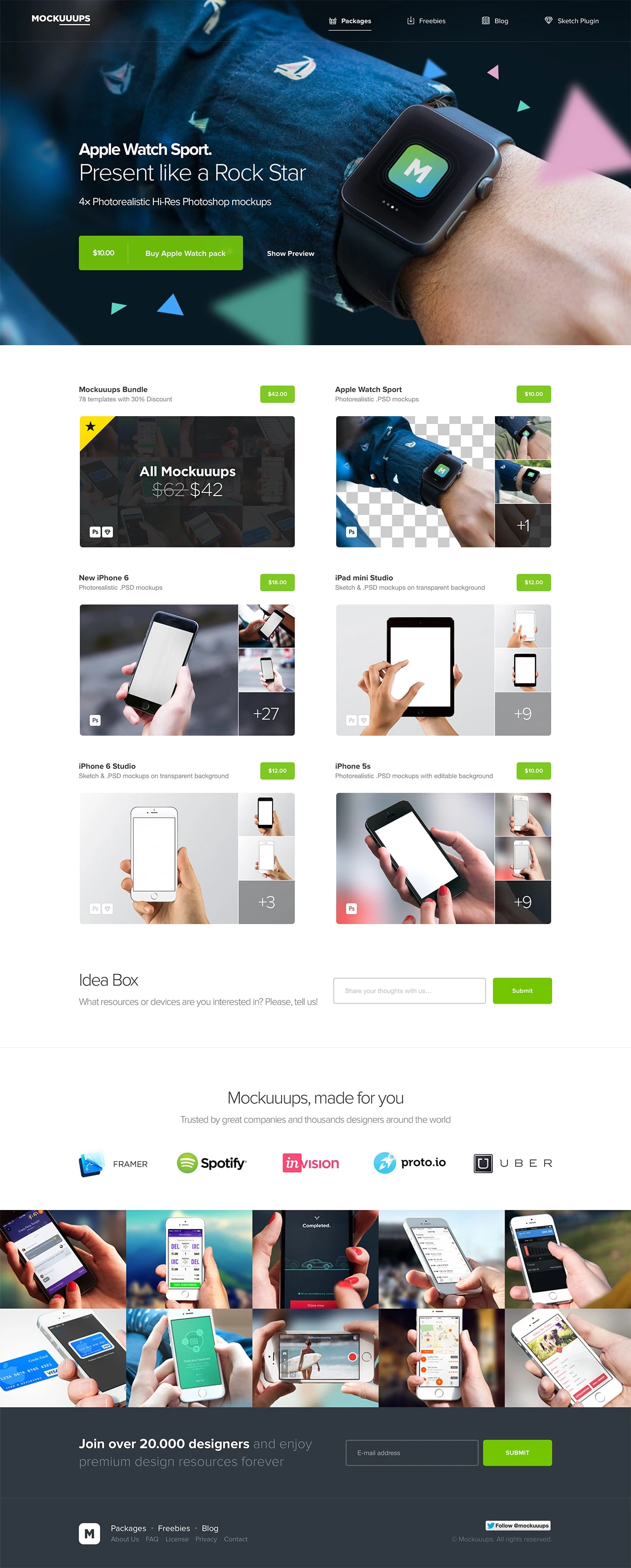 Mockuuups Landing Page Example: Beautiful high-resolution mockups to present your designs and prototypes. Loved by designers worldwide and compatible with Photoshop & Sketch.