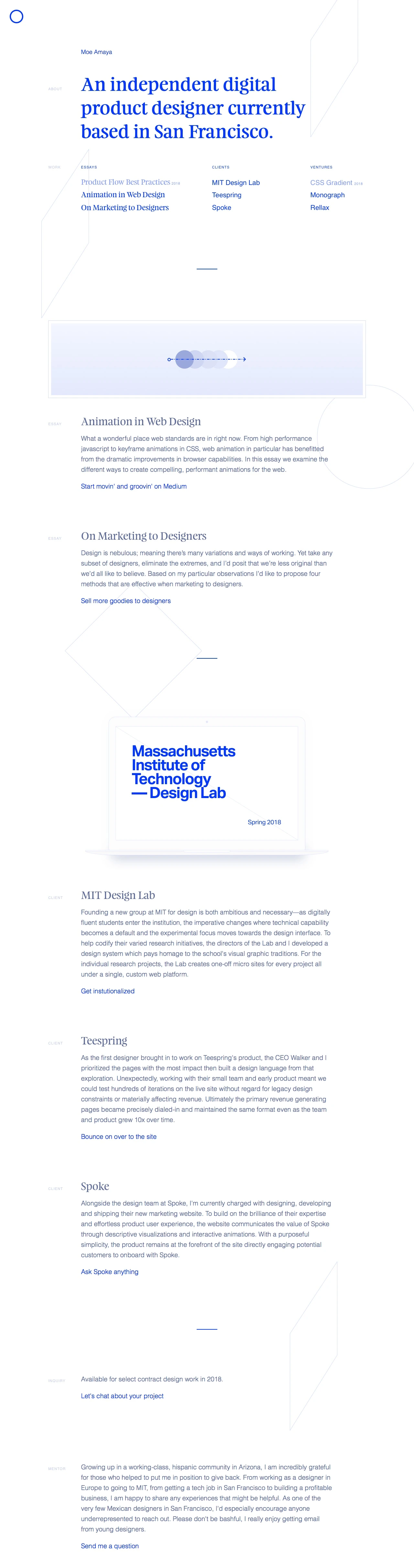 Moe Amaya Landing Page Example: An independent digital product designer currently based in San Francisco.