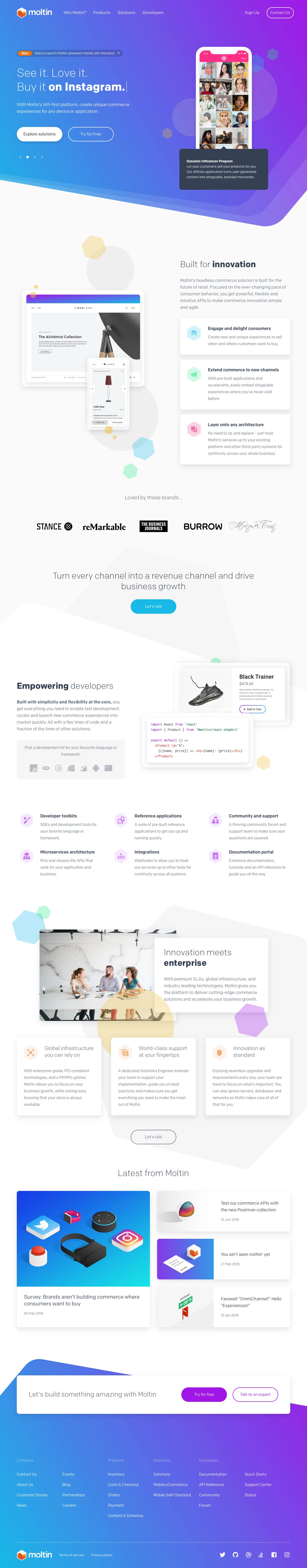 Moltin Landing Page Example: An incredible eCommerce API for innovative brands, powerful and flexible building blocks with no steep learning curve. A cross platform and scalable eCommerce solution.
