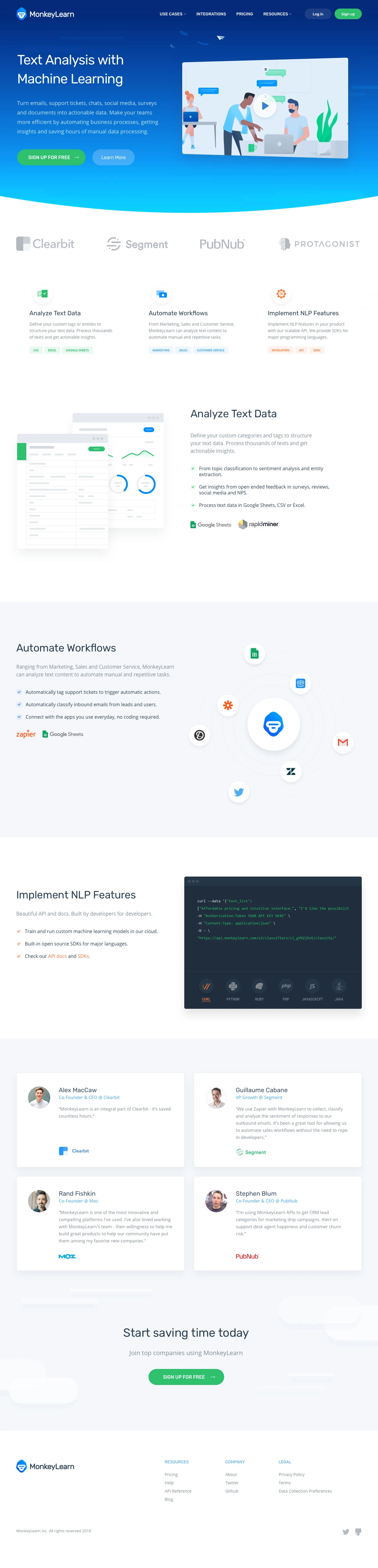 MonkeyLearn Landing Page Example: Turn emails, support tickets, chats, social media, surveys and documents into actionable data. Make your teams more efficient by automating business processes, getting insights and saving hours of manual data processing.