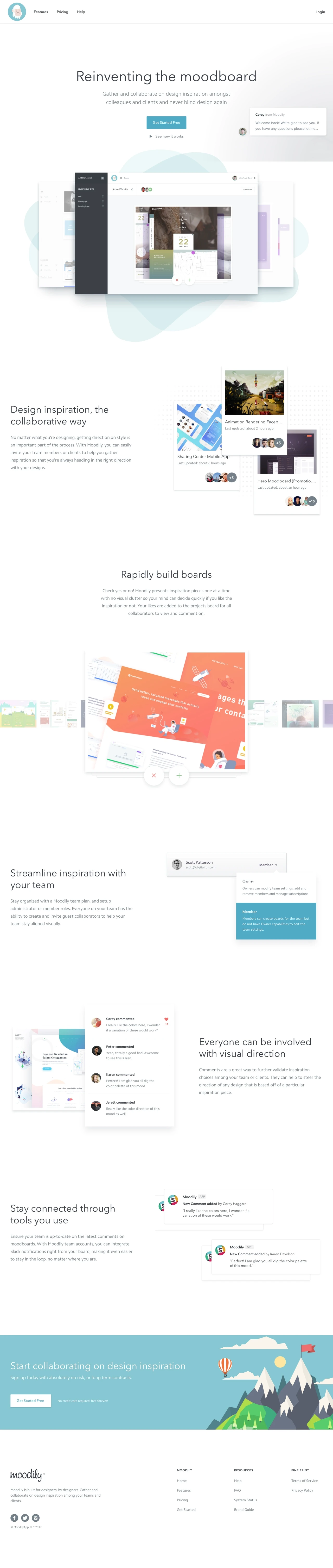 Moodily Landing Page Example: Moodily allows designers to gather and collaborate on design inspiration. Create beautiful and organized moodboards so your visual direction is always aligned with those you work with.
