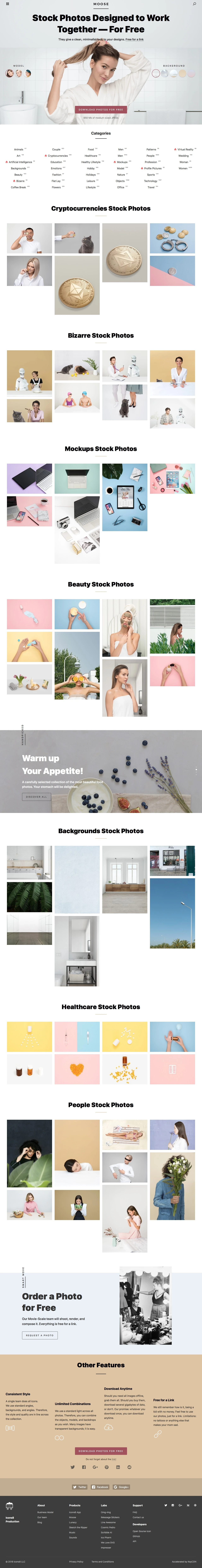Moose Landing Page Example: A collection of stock photography in a single style. Good for collages. Free for commercial use.