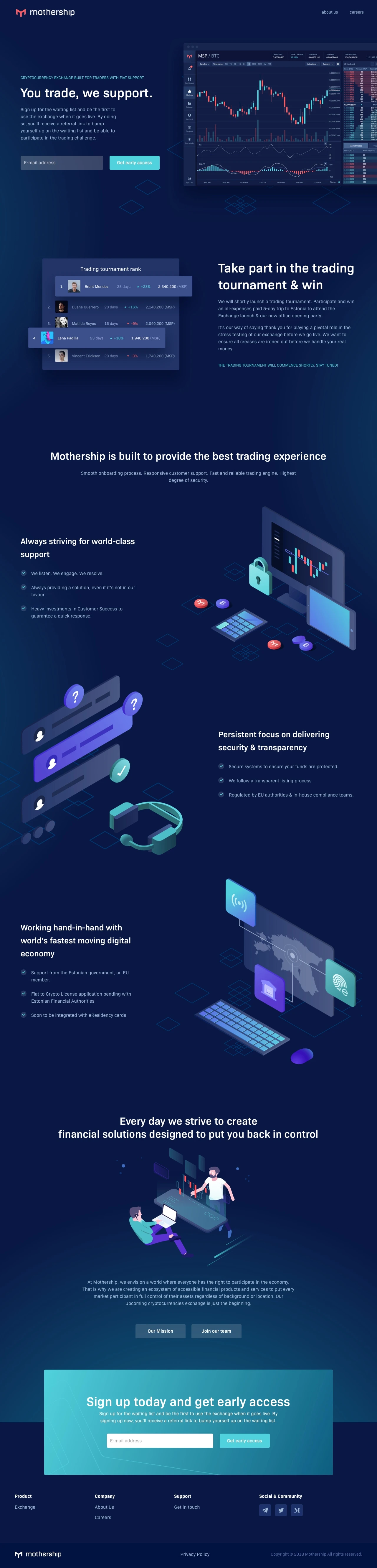 Mothership Landing Page Example: Mothership is a cryptocurrencies exchange built from the ground up to support cryptocurrency traders. Euro to Bitcoin support, a wide variety of altcoins, innovative security solutions, full control and eResidency support.