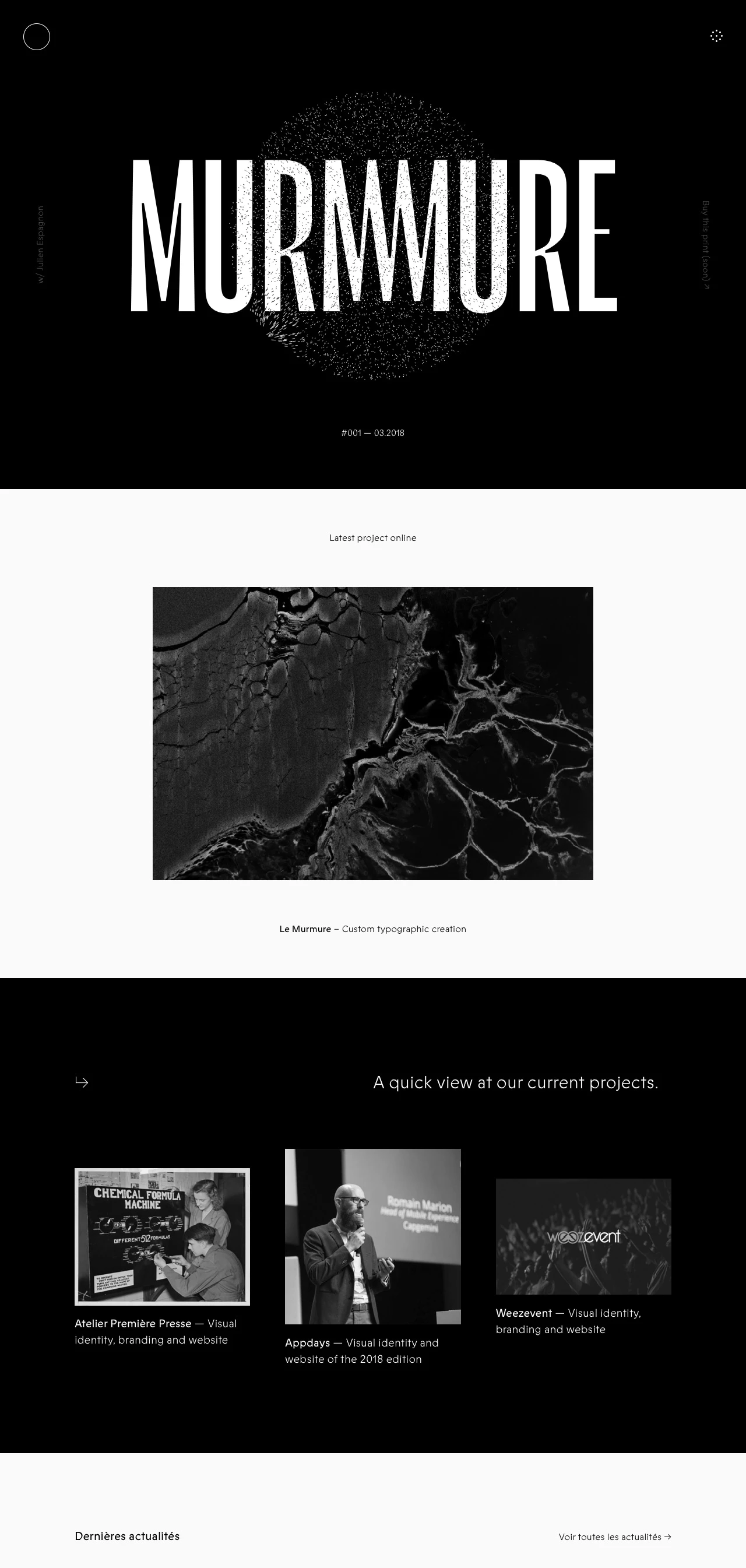 Murmure Landing Page Example: Divided into two offices located in Caen and in Paris, Murmure is a human-sized team, led by two Art Directors: Julien Alirol & Paul Ressencourt. Since 2010, Murmure reconcile meaningfulness and creativity to enable you to communicate with strength, coherence and originality.