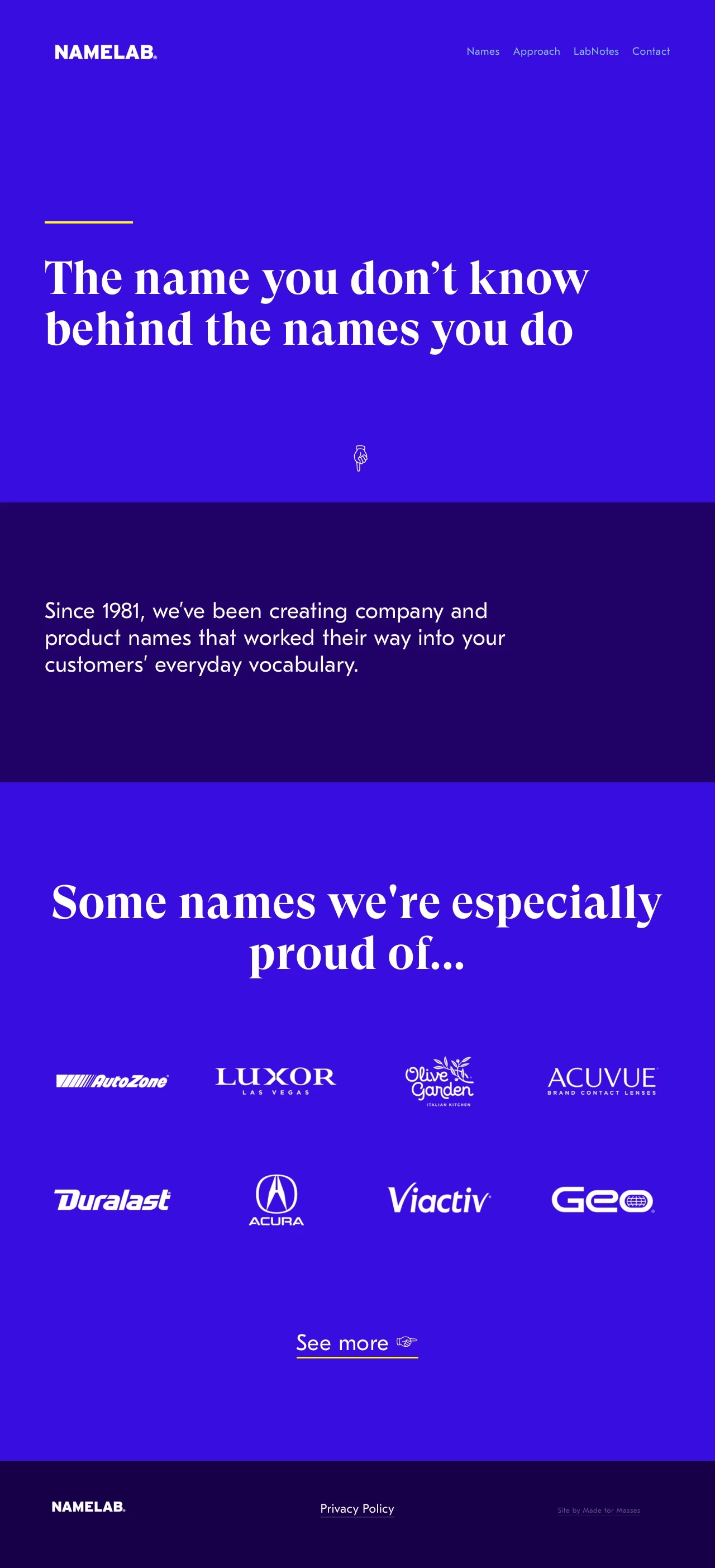 NameLab Inc Landing Page Example: Since 1981, we’ve been creating company and product names that worked their way into your customers’ everyday vocabulary.