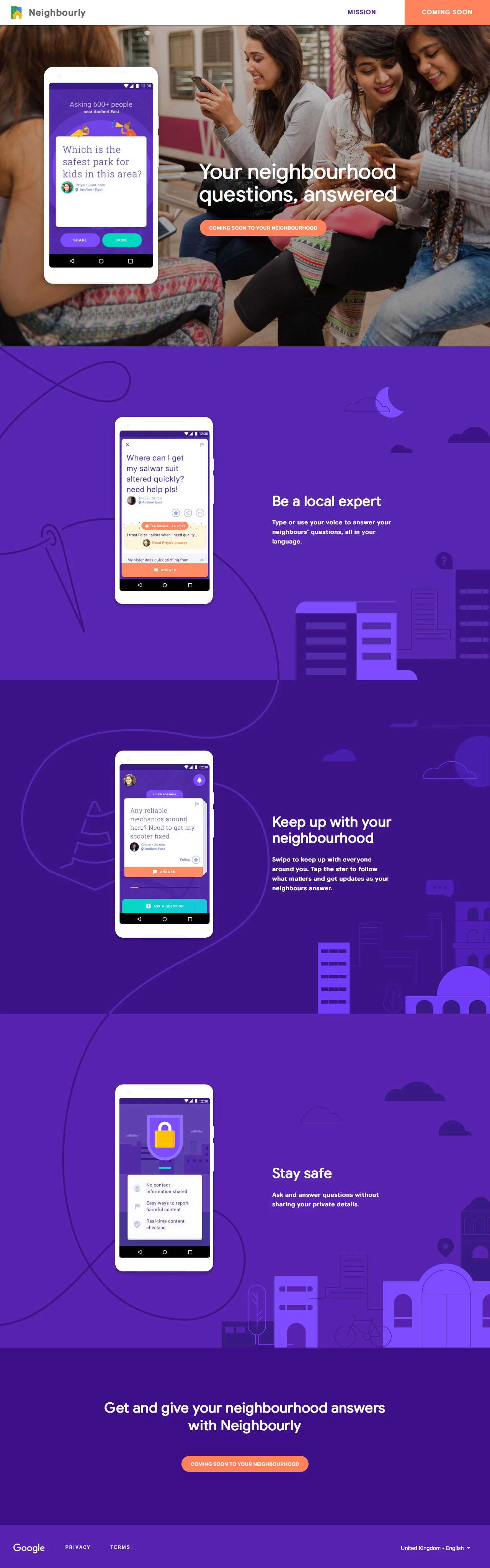Neighbourly Landing Page Example: Neighbourly is the more human, helpful, local way to get your neighbourhood questions answered. Have a question? Just ask.