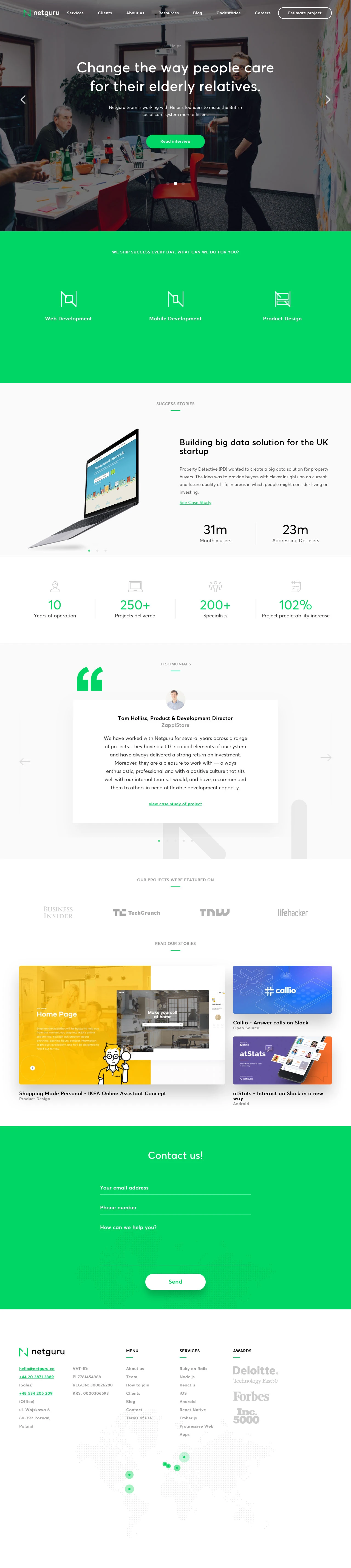Netguru Landing Page Example: Netguru builds software that lets people do things differently. Share your challenge with our team and we’ll work with you to deliver a revolutionary product.