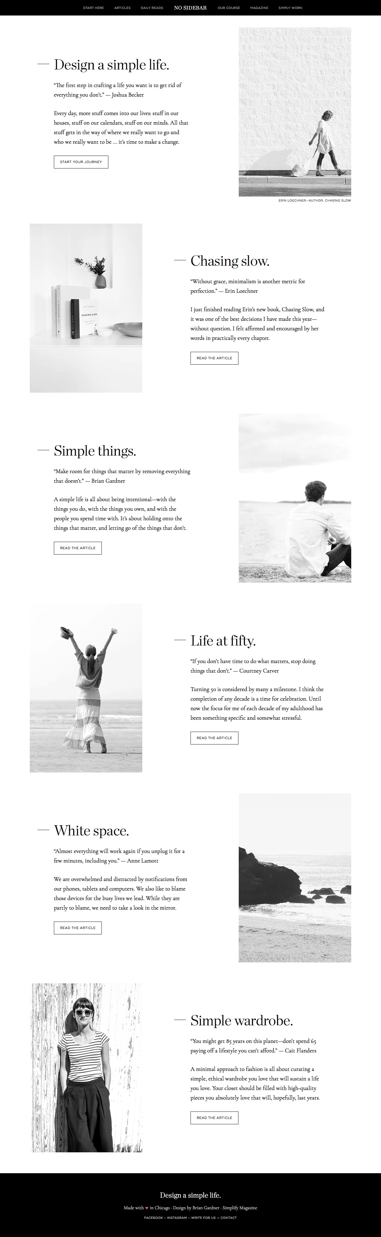 No Sidebar Landing Page Example: A collection of articles on minimalism, simple living, and finding happiness.