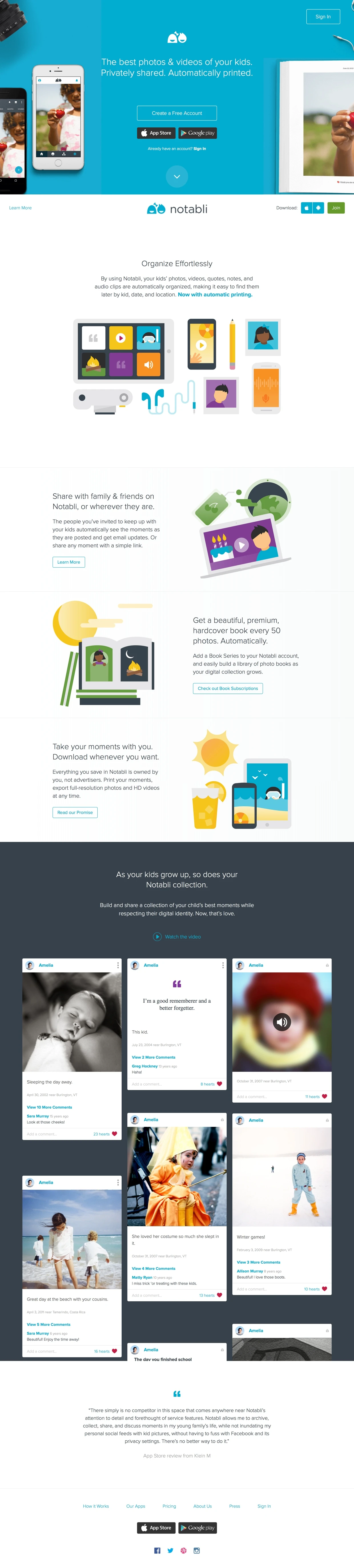 Notabli Landing Page Example: Privately share photos, videos, quotes, and audio recordings of your kids with family & friends. Create an amazing collection of childhood moments.