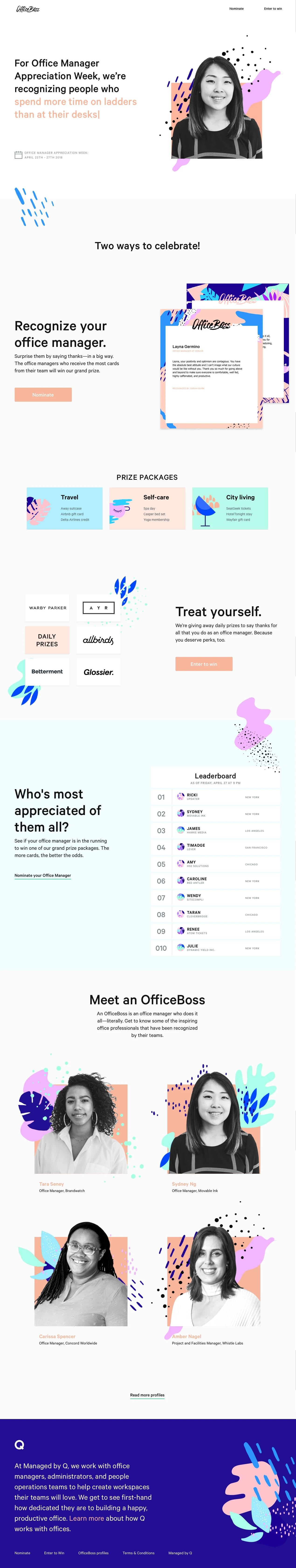 OfficeBoss Landing Page Example: Every company has that person their office couldn’t function without. This Office Manager Appreciation Week, Managed by Q is helping celebrate the teams who keep offices happy and productive.
