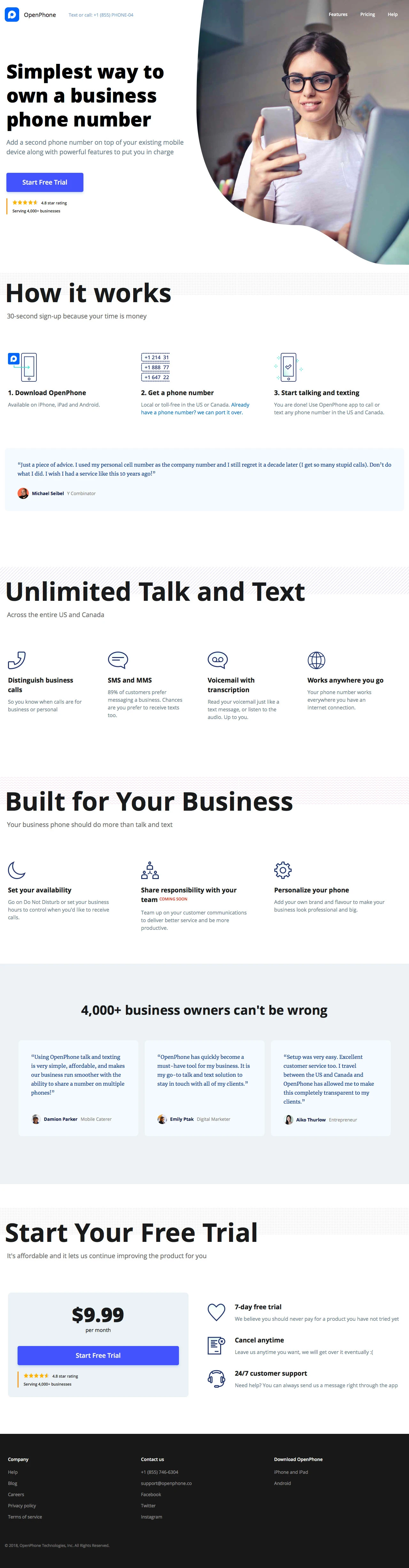 OpenPhone Landing Page Example: Easiest way to get a phone number for your startup or small business with all the features to put you in charge and make your business stand out