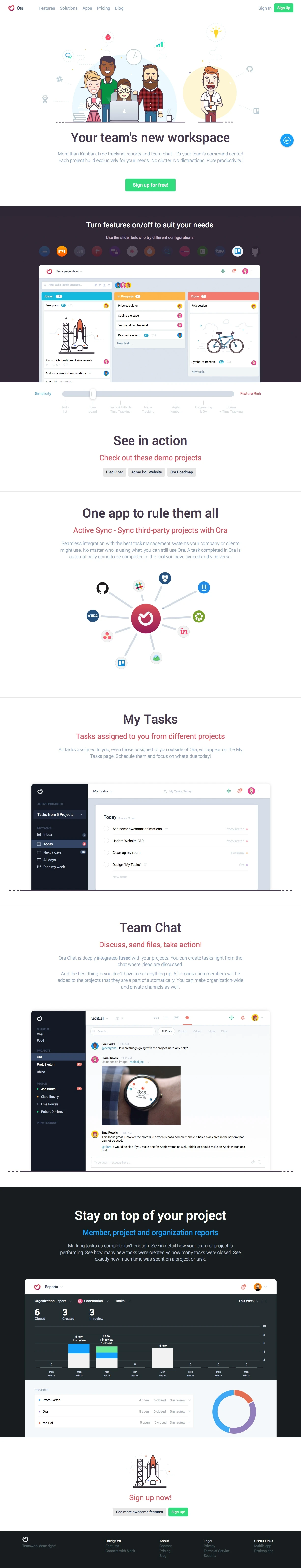 Ora Landing Page Example: With kanban, time tracking, reports and team chat - ora.pm is your team’s command center!