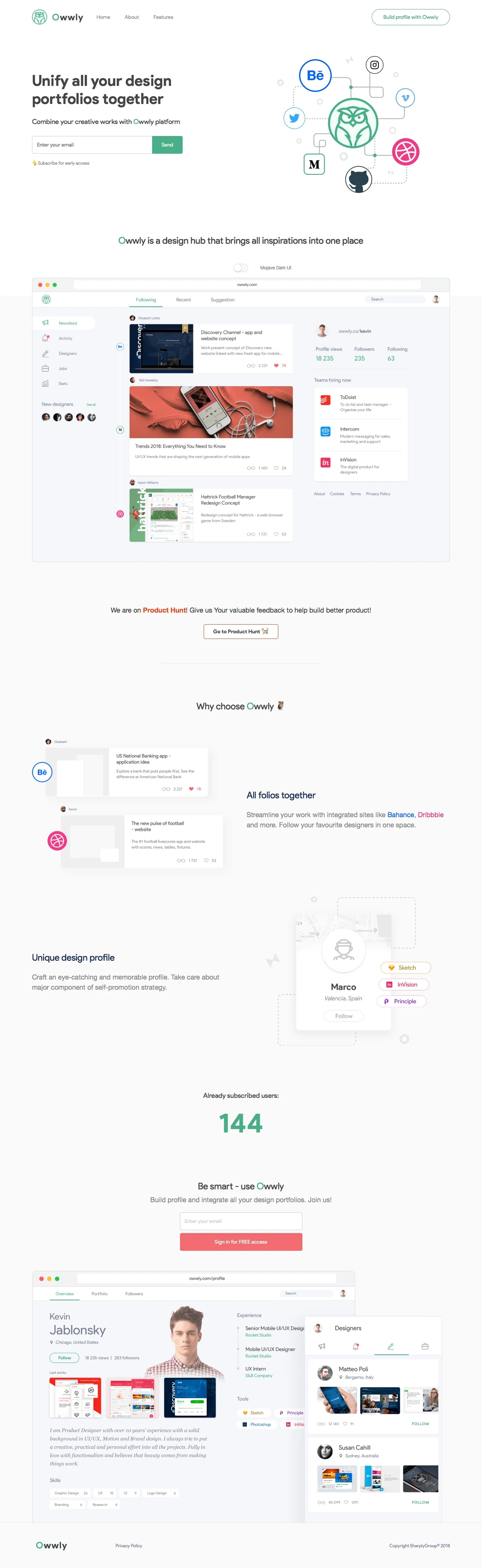 Owwly Landing Page Example: Space for designers and creatives who want to have all inspiration channels (Behance, Dribbble, Medium and more) gathered together in one place.