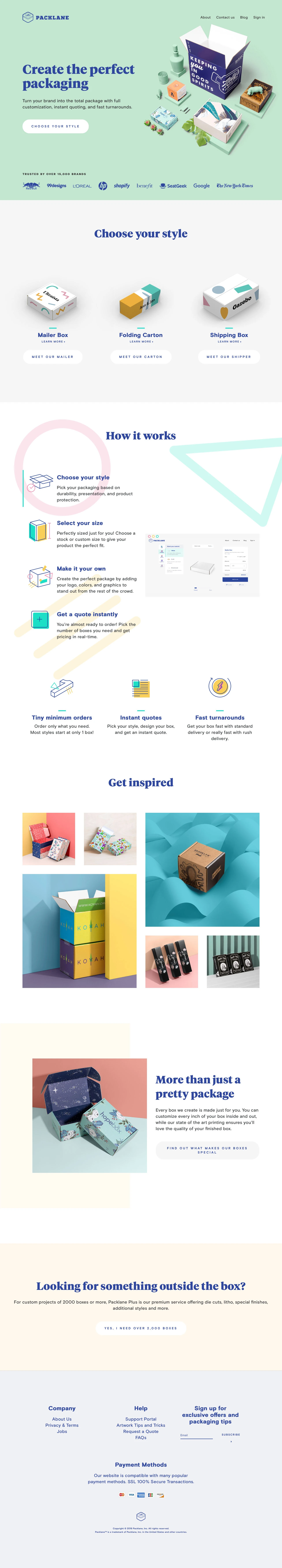 Packlane Landing Page Example: Create the perfect packaging. Turn your brand into the total package with full customization, instant quoting, and fast turnarounds.