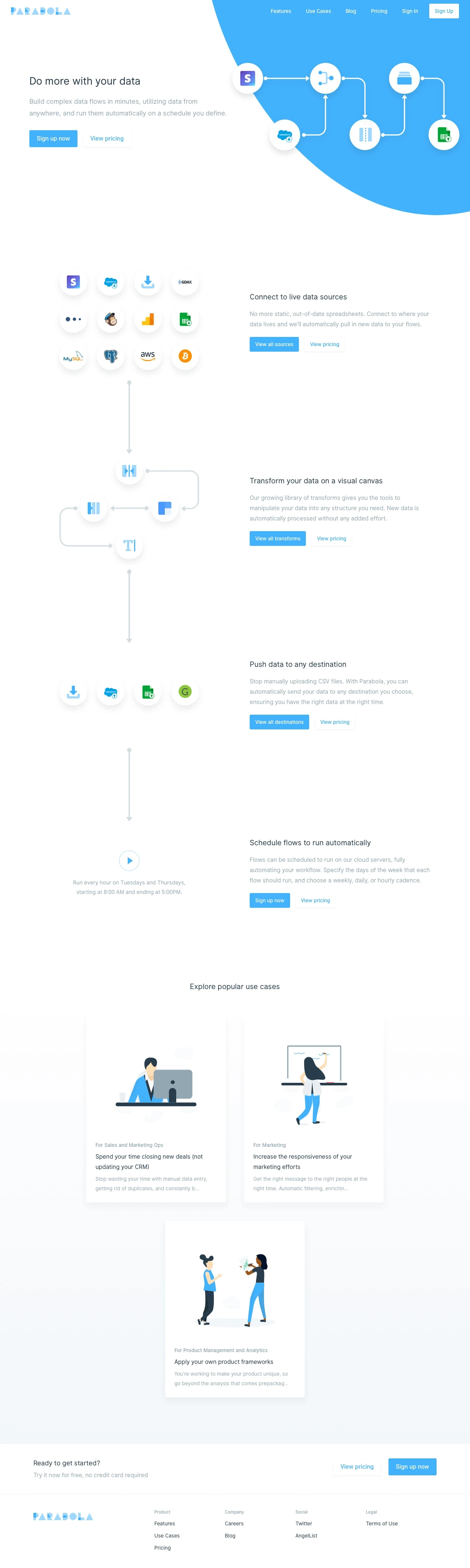 Parabola Landing Page Example: Build complex data flows in minutes, utilizing data from anywhere, and run them automatically on a schedule you define.