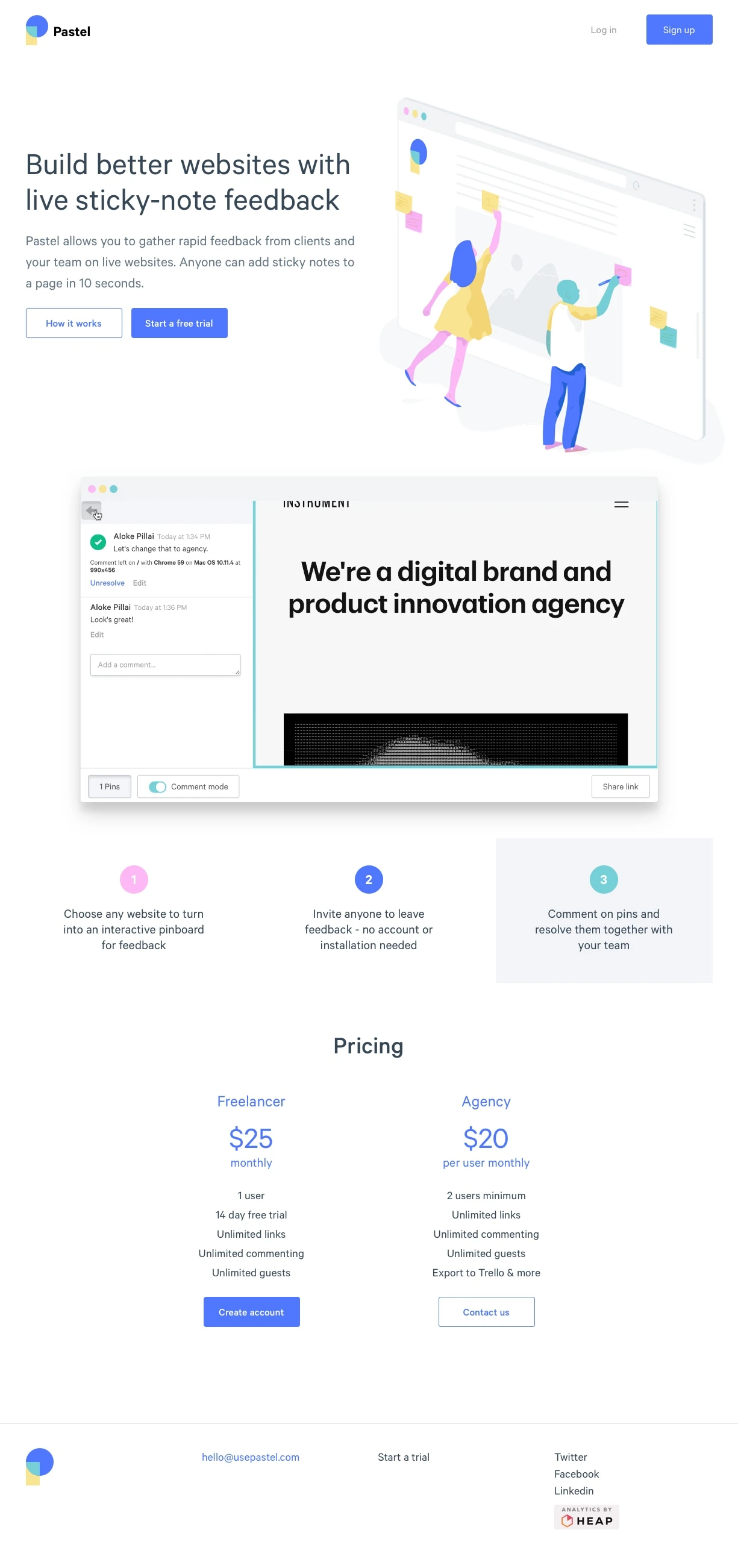 Pastel Landing Page Example: Pastel allows you to gather rapid feedback from clients and your team on live websites. Anyone can add sticky notes to a page in 10 seconds.