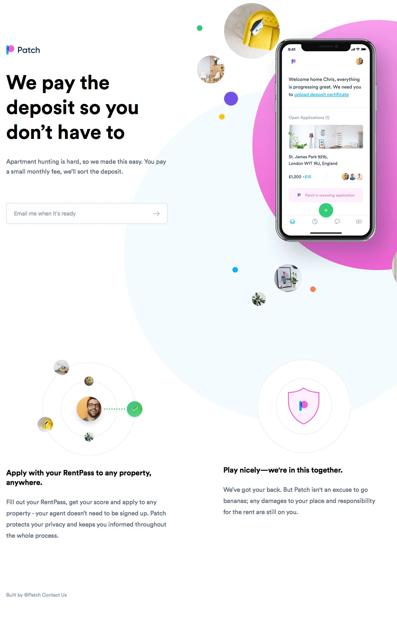 Patch Landing Page Example: Apartment hunting is hard, so we made this easy. You pay a small monthly fee, we’ll sort the deposit.