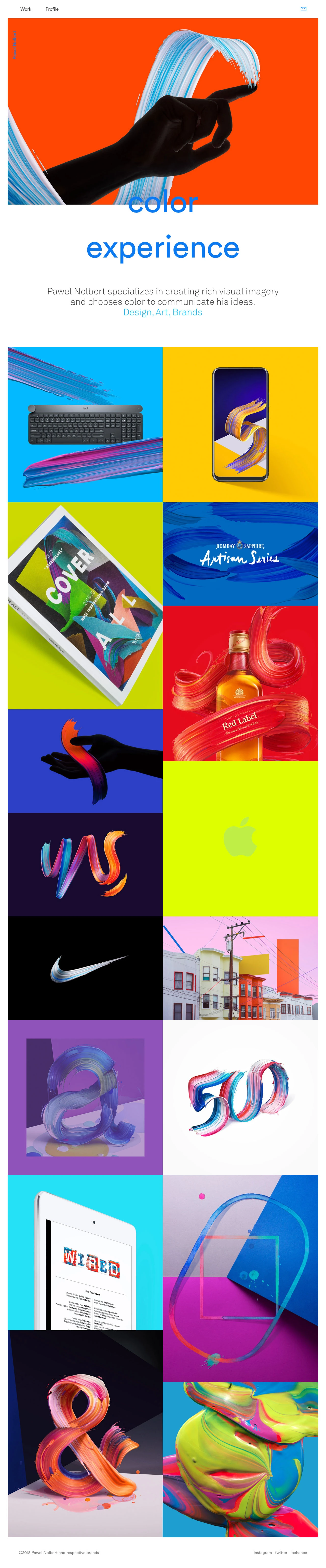 Pawel Nolbert Landing Page Example: Pawel Nolbert specializes in creating rich visual imagery and works with brands to deliver strong visual work.