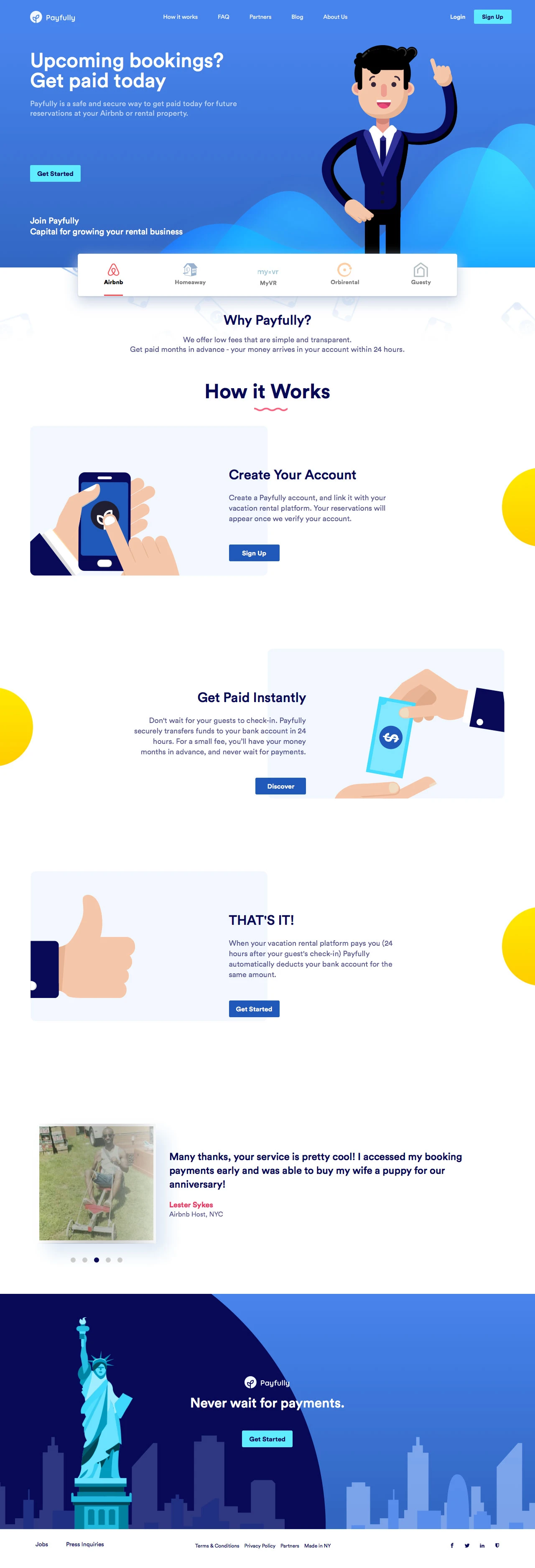 Payfully Landing Page Example: Payfully is a safe and secure way to get paid today for future reservations at your Airbnb or rental property.