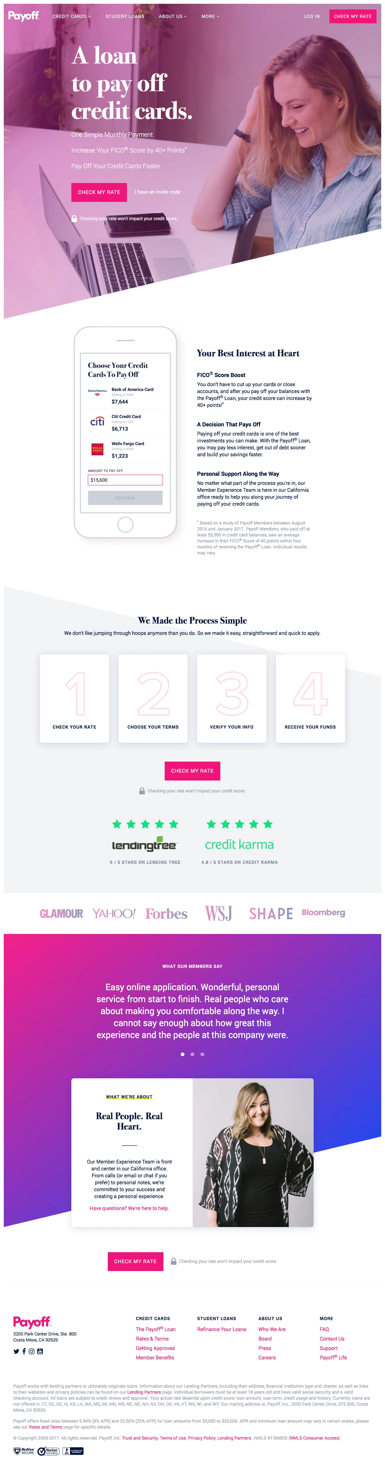 Payoff Landing Page Example: Go Beyond Money with Payoff and lower stress, understand habits, improve financial wellness, and eliminate credit card balances with a personal loan.