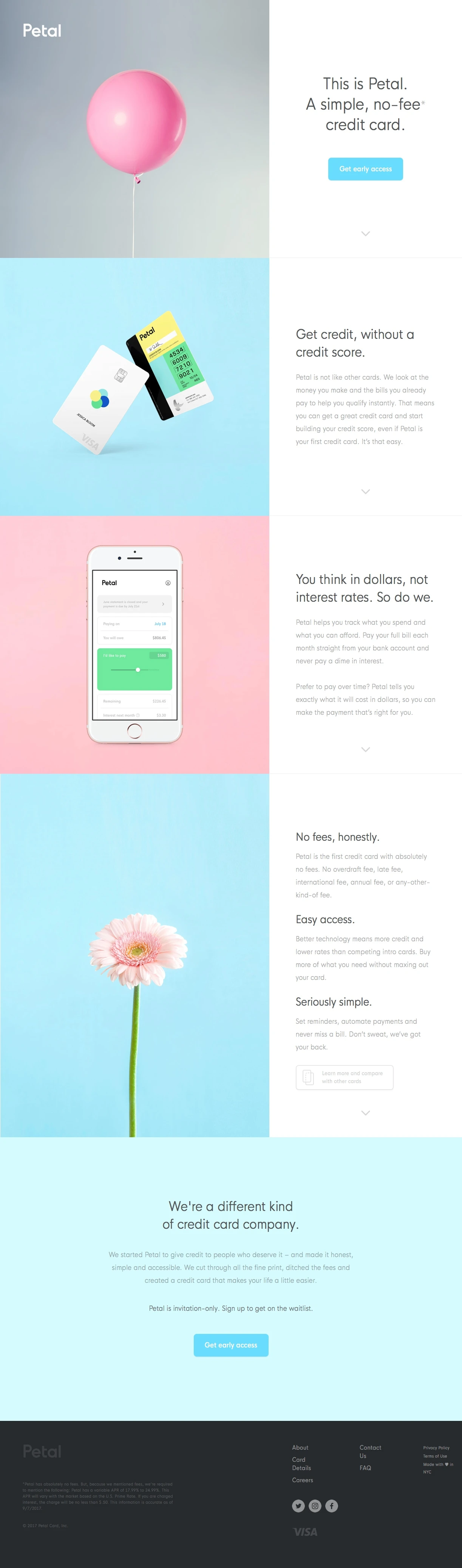 Petal Landing Page Example: The first card with high credit limits, great rates, no fees, and no credit score required.