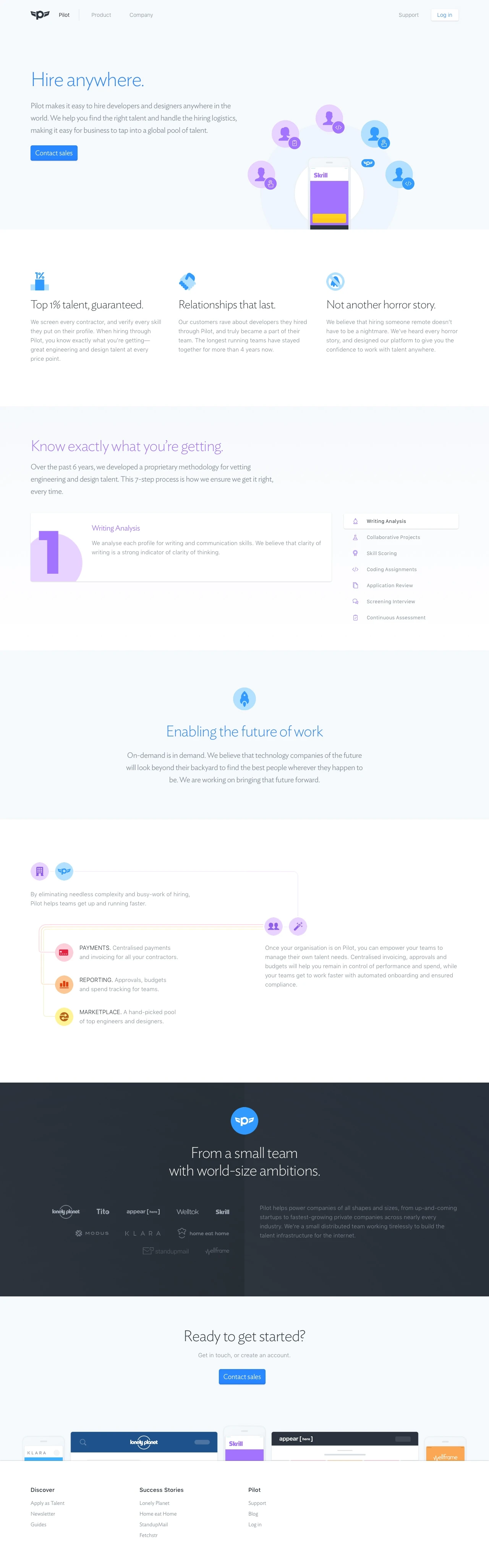 Pilot Landing Page Example: Pilot makes it easy to hire developers and designers anywhere in the world. We help you find the right talent and handle the hiring logistics, making it easy for business to tap into a global pool of talent.