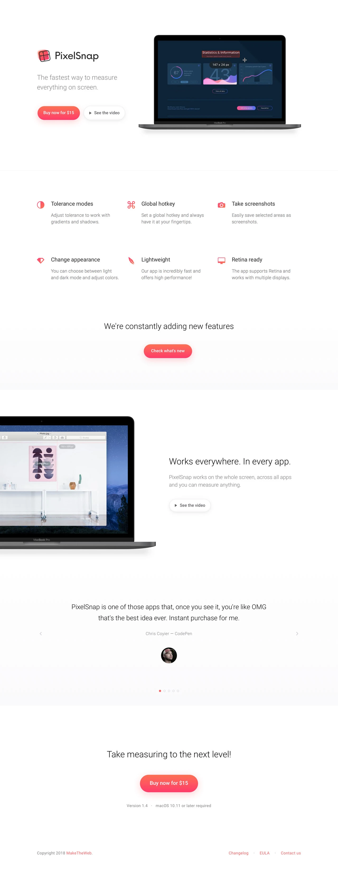 PixelSnap for macOS Landing Page Example: The fastest way to measure everything on screen.