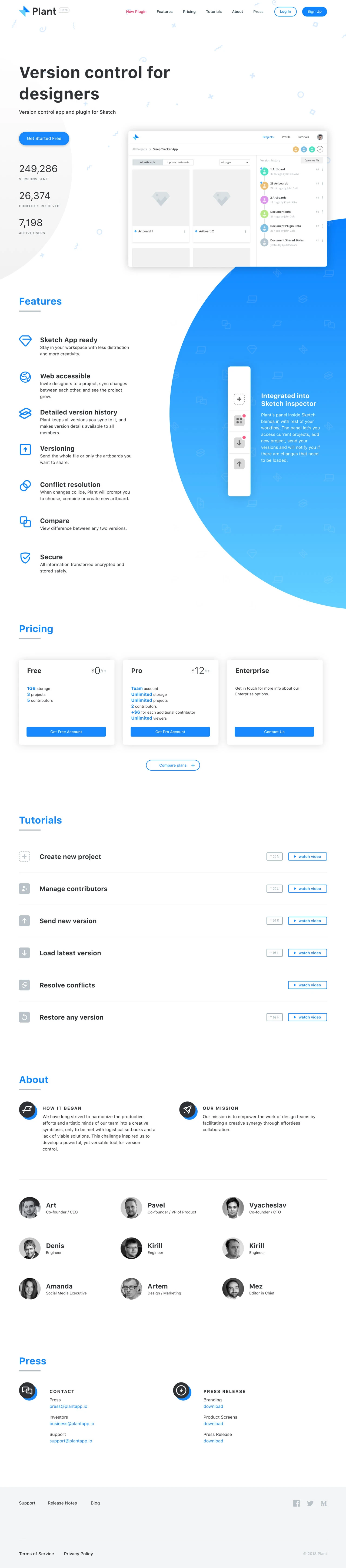 Plant Landing Page Example: Version control for designers, App and Plugin for Sketch. Sync design versions, collaborate and manage projects.