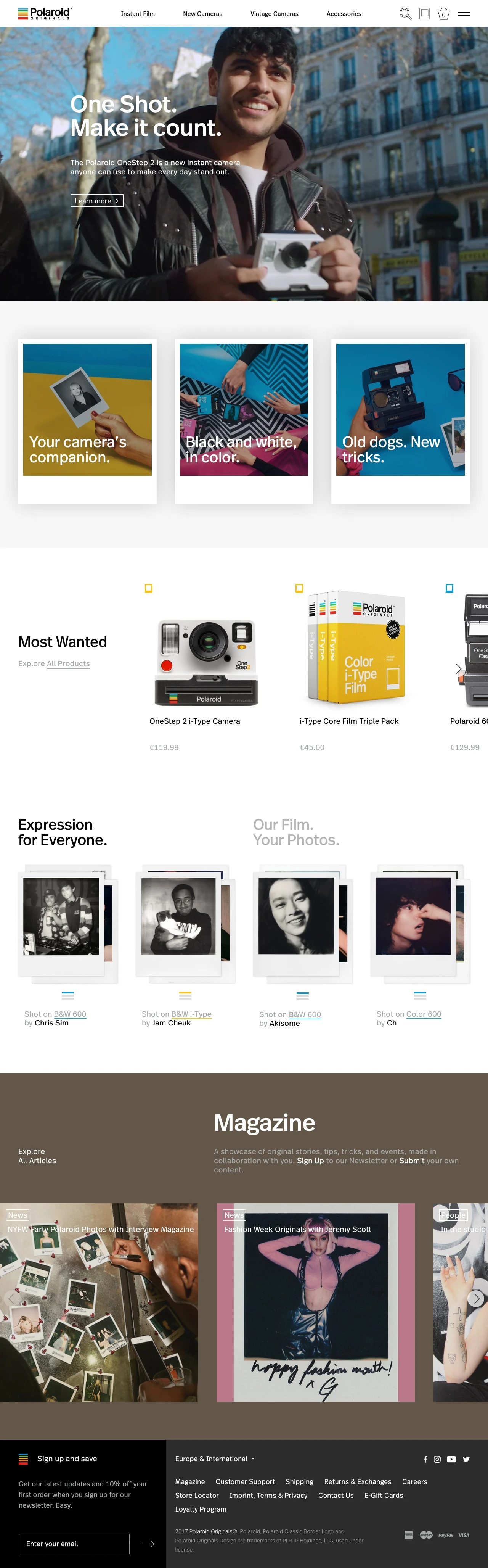 Polaroid Originals Landing Page Example: Inspired by the original OneStep camera from 1977, the Polaroid OneStep 2 is an analog instant camera for the modern era. It takes a moment and turns it into something you can hold, something you can share, something real.