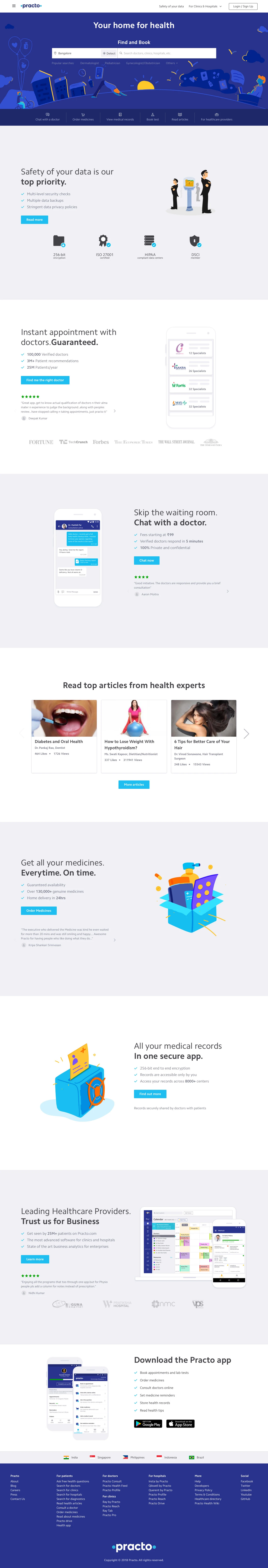 Practo Landing Page Example: Find & book appointments with doctors, diagnostic labs. Ask free health questions to doctors or get free tips from health experts