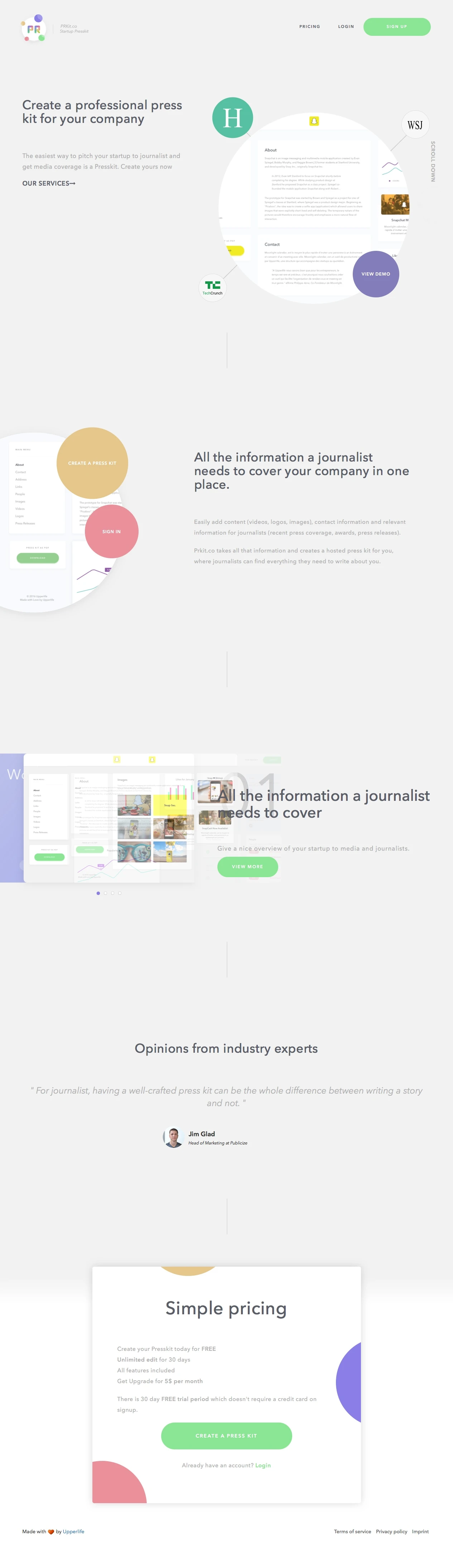 Presskit Landing Page Example: The easiest way to pitch your startup to journalist and get media coverage is a Presskit. Create yours now