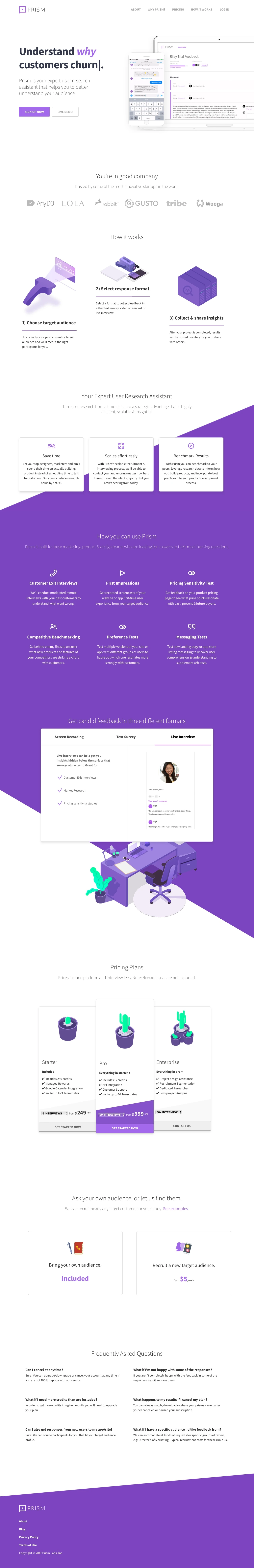 Prism.io Landing Page Example: Prism is your friendly user research assistant that interviews customers, captures their feedback & surfaces relevant insights to boost retention.