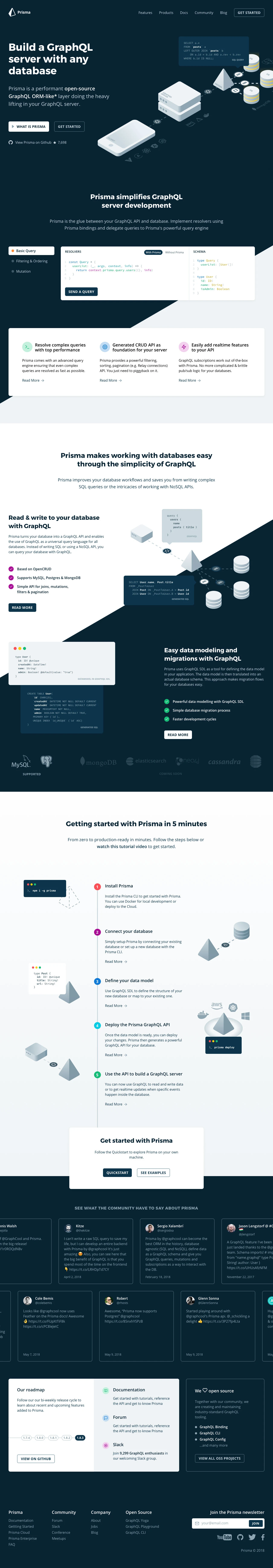 Prisma Landing Page Example: Prisma is a performant open-source GraphQL ORM-like layer doing the heavy lifting in your GraphQL server.