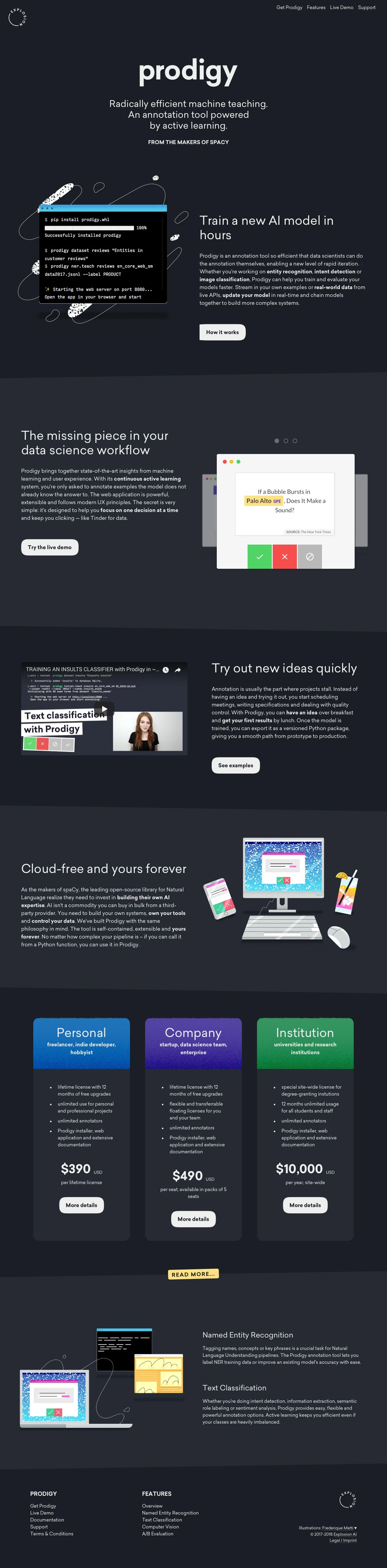 Prodigy Landing Page Example: An active learning-powered annotation tool for named entity recognition, text classification, object detection, image segmentation, A/B evaluation and more.