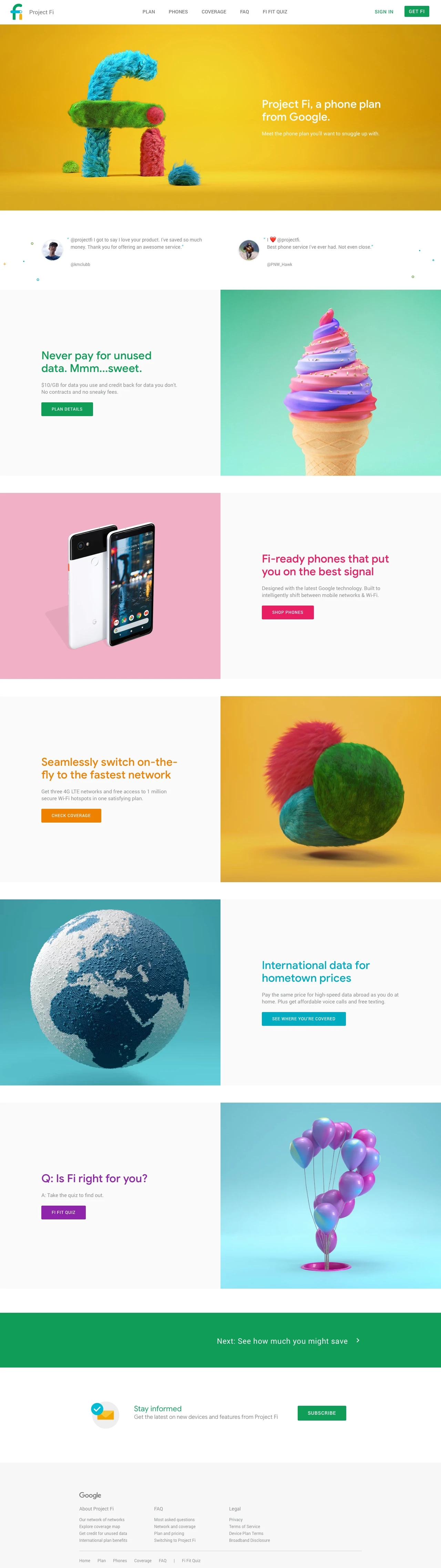 Project Fi Landing Page Example: Meet the phone plan you'll want to snuggle up with.