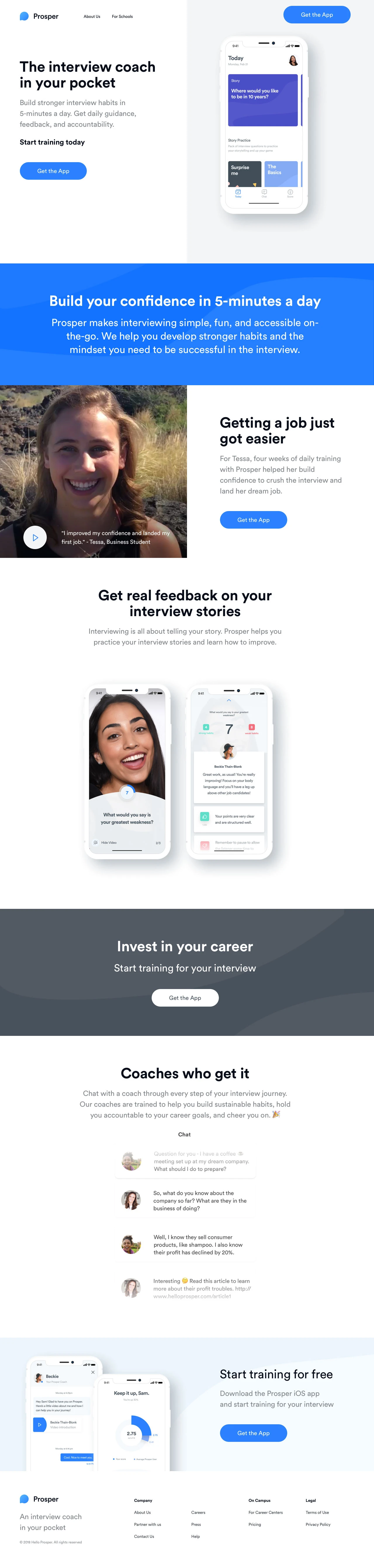 Prosper Landing Page Example: Prosper makes interviewing simple, fun, and accessible on-the-go. We help you develop stronger habits and the mindset you need to be successful in the interview.