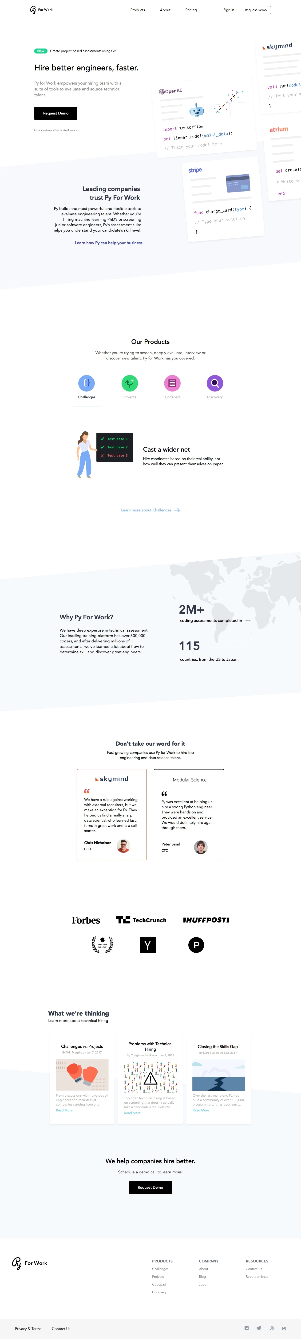 Py for Work Landing Page Example: Py for Work empowers your hiring team with a suite of tools to evaluate and source technical talent.
