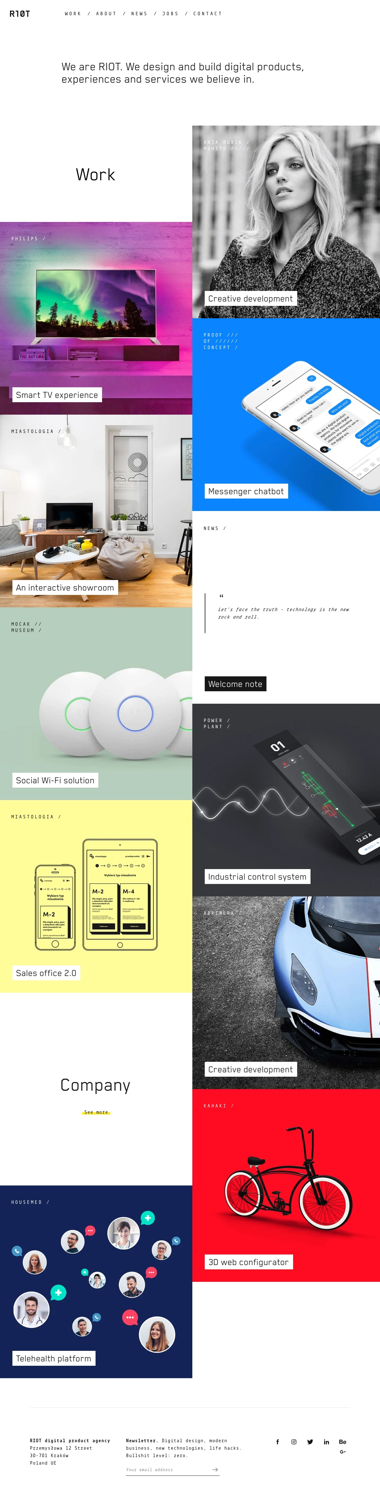 RIOT Landing Page Example: RIOT digital product agency from Krakow, Poland, creates smart products with exquisite visual design of customer & user experience, also mobile & web apps.