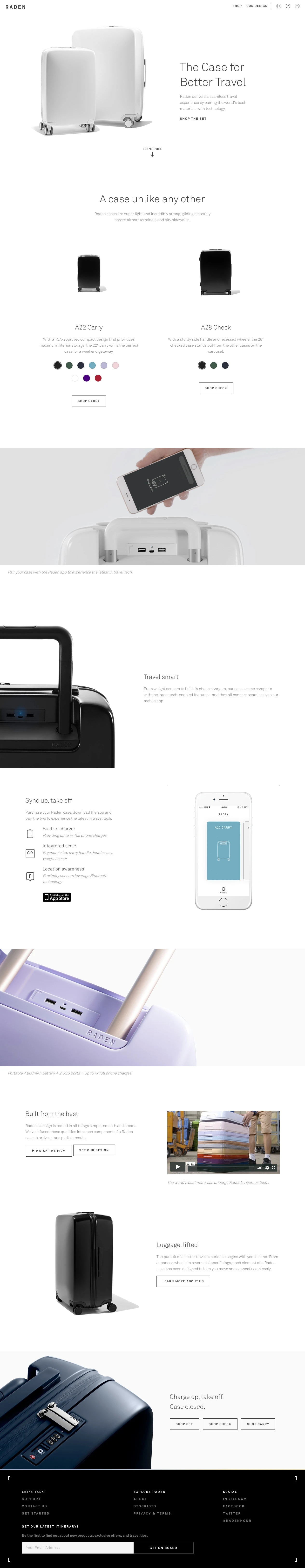 Raden Landing Page Example: Raden is the case for better travel. It’s everything you need to seamlessly get from point A to point B — an end to end experience for better travel by pairing the world's best materials with technology.